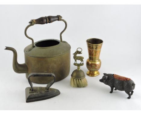 A quantity of metalware and sundry items, including flat irons, patent corkscrews, and balance scales; and three mirrors.