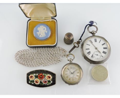 A silver-cased open face pocket watch, the white enamel dial set out in Roman numerals with subsidiary second dial; together 