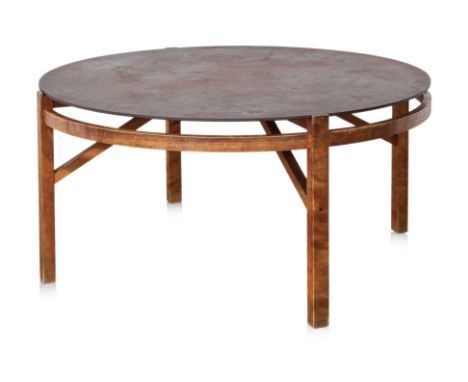 A SWEDISH OPUS COFFEE TABLE BY KERSTIN OLBY FOR OLBY DESIGN
1990s, Circular 'floating' iron top, ash frame with cross-brace s