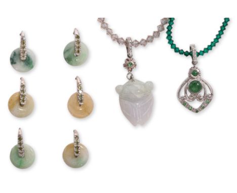 THREE PAIRS OF JADE EARRINGS AND TWO NECKLACES
Burmese, comprising three pairs of jadeite bi-disc earrings in silver and gree