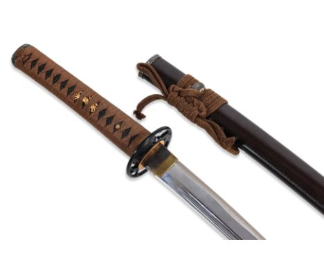 A REPLICA JAPANESE KATANA SWORD
Sharpened steel blade, tang inscribed with serial number and 'Ong Thian Guan', black painted 