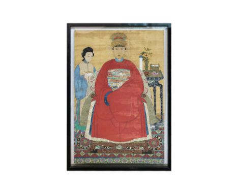 A LARGE CHINESE ANCESTOR PAINTING ON SILK
19th century., an aristocratic lady seated wearing a crown and red robe with crane 