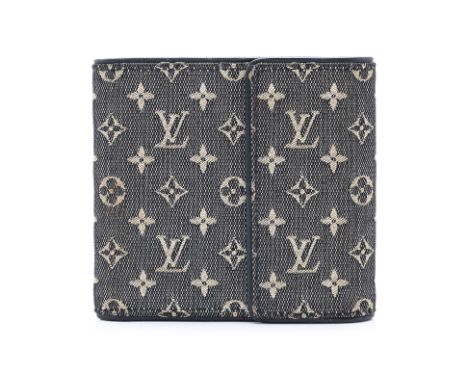 A LOUIS VUITTON BLACK DENIM WALLET
Featuring a leather interior, with multiple card slots, a snap-close coin pocket, and slip