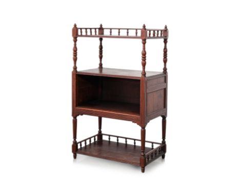 A TEAK FOUR TIER ETAGERE
Four shelves, one enclosed and two with three quarter railed gallery, turned and fluted supports
121