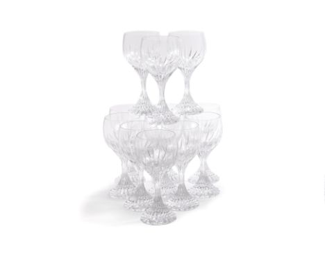 A SET OF TWELVE BACCARAT CRYSTAL MASSENA PATTERN RED WINE GLASSES
With vertical cut decoration, etched marks to base
17.5cm h