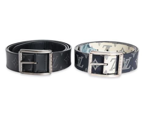 A PAIR OF LOUIS VUITTON MEN'S LEATHER BELTS
Including a 'Savane' Monogram Chapman Ink White/Blue reversible belt; and a black