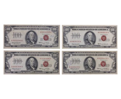 UNITED STATED 100 DOLLARS 1966 AND 1966A (RED SEAL)  (4)
Comprising:
A 00002569 A, Plate A1, Signatures Granahan and Fowler, 