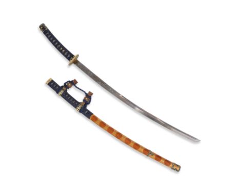 A FRANKLIN MINT 'SWORD OF THE SAMURAI' WITH STAND
Sharpened steel blade, brass tsuba and blue fabric bound grip, lacquered sc