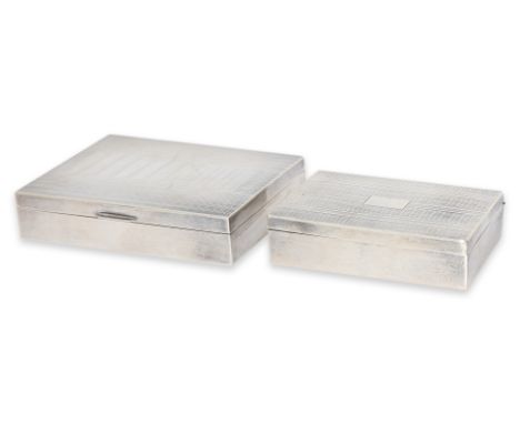 TWO SILVER TABLE BOXES
The smaller, mark of G.S.A Ltd, Calcutta, Sterling silver, with engine turned decoration to the hinged