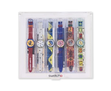 A SWATCH ARTISTS SERIES 1996 FULL SET OF SIX WRISTWATCHES
Swiss, set of six wristwatches, each in plastic box, hard perspex c