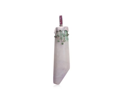 A LARGE BURMESE JADEITE AND GEMSTONE PENDANT
Lavender white and green jade in sterling silver mount with tsavorite and square