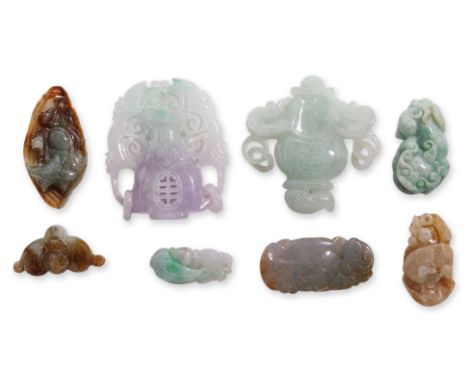 A GROUP OF EIGHT BURMESE JADE CARVINGS
Comprising a lavender and green censer, a green censer, a green chilong pendant, a lot