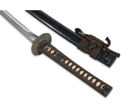 A REPLICA JAPANESE KATANA SWORD
Unsharpened steel blade with brass mount, bamboo decorated copper tsuba, fabric bound shagree