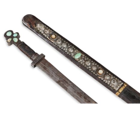 A TIBETAN DPA' DAM SWORD WITH SCABBARD
Circa 19th/20th century, straight single-edged blade with narrow guard and leather bou