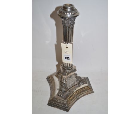 Good quality corinthian column pattern table lamp base raised on triform base with inscription, date 1919.