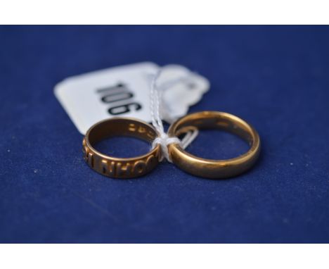 An 18ct. yellow gold gentleman's wedding band, ring size P; together with an 18ct. yellow gold wedding band inscribed 'John 1