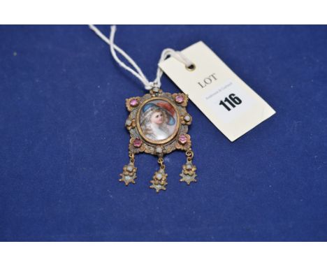 A porcelain brooch with painted portrait, on giltmetal mount set with paste stones.