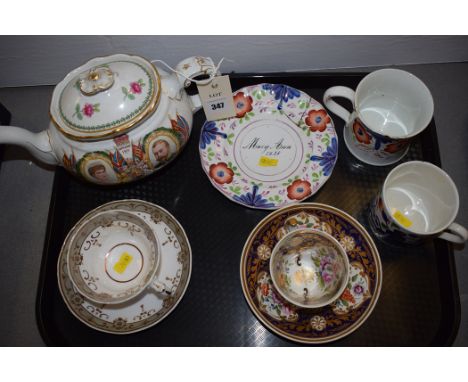 A collection of antique and modern ceramics, including: a 1911 Coronation teapot inscribed 'Erratic Golfer's Picnic, Haydon B