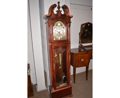 A modern grandfather clock, with gold coloured arched dial inscribed 'Tempus, Fugit C. Wood & Son, 31 Days', in stained wood 