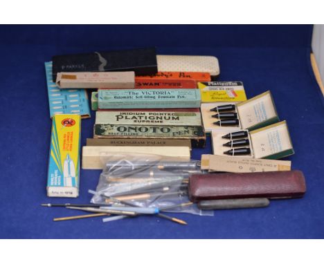 Pen parts and accessories, to include: nib units by Osmiroid and Platignum; refills; and other items, including: propelling p