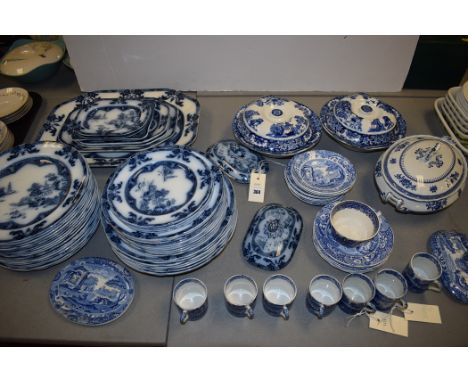Spode "Landscape" pattern blue and white ceramics, to include: meat plates, dinner plates, and others; and ceramics by Losol 