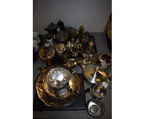 Old Hall stainless steel four-piece tea service; together with a quantity of plated tea and coffee pots; condiments; sauce bo
