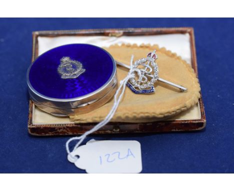 A diamond and enamel set white metal Royal Army Medical Corps bar brooch (possibly gold); together with a silver and blue ena