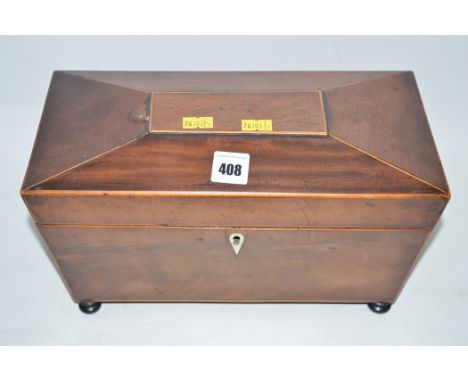 A 19th Century inlaid sarcophagus shaped tea caddy, the hinged cover opening to reveal two storage compartments and space for