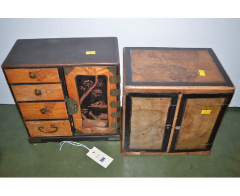 A Chinese spice rack with inlaid decoration; and a similar figured walnut cabinet with brass stringing.  (2)