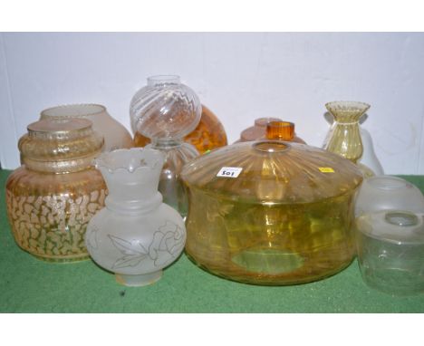 A collection of miscellaneous coloured opaque and clear glass lamp shades various.