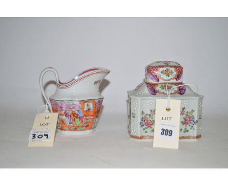 A Newhall ceramic jug in Window pattern, together with Samson of Paris Chinese export style tea caddy and cover.