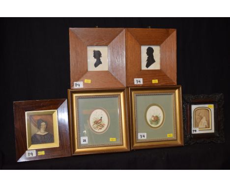 A pair of miniature watercolours, by Chris Sparrow - a pheasant, and a fox; a miniature watercolour portrait of a lady; and o