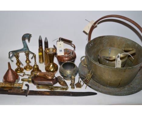 Copper and brassware, to include: horse brasses; a wine funnel; candlesticks; a flask; and other items.