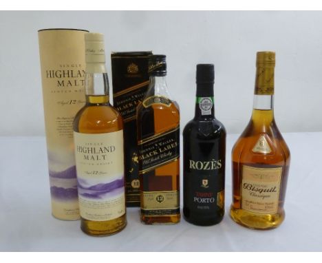 A quantity of alcohol to include Highland single malt, Johnnie Walker Black label, Rozes tawny port, Bisquet cognac  (4)