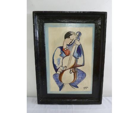 Bela Kadar framed oil on panel of a man playing a musical instrument, signed bottom right, 68 x 45cm