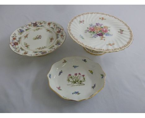 Royal Worcester cake plate, a Crown Staffordshire cake plate and a hexagonal dish