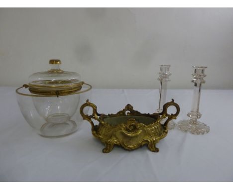 A French Art Nouveau gilt metal jardiniŠre with original detachable liner, a glass bowl and cover and a pair of cut glass tab