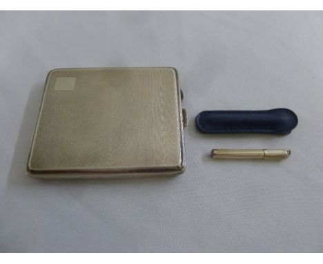 Silver engine turned cigarette case and a silver retractable toothpick