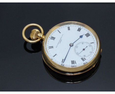 An 18ct gold open-faced pocket watch by Sir John Bennett Ltd of London, the white enamel dial with Roman numerals denoting ho