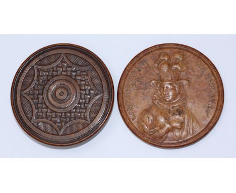 A Regency burrwood turned circular snuff box and cover with bas-relief carved portrait of Caroline Queen of England to the to