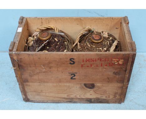 Two Royal Navy Issue 4.5 litre ceramic bottles of Pusser's Rum, each with original wicker casing and in original wooden crate