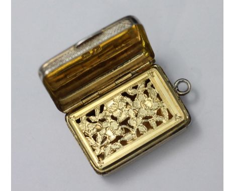 A George III Silver and silver-gilt Vinaigrette, with floral engraved cartouche in engine-turned field to top and base, folia