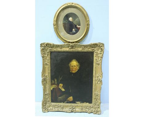 A 19th century half-length portrait of James Howard, seated by a writing table, oil on canvas, as found in giltwood frame, to