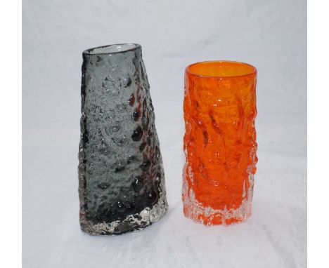 A Whitefriars Tangerine 'bark' vase, 15.5cm high, together with a 1960's Whitefriars pewter 'volcano' vase, 18cm high, both d