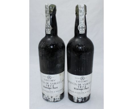 Two bottles of Taylor's Quinta De Vargell 1972 Vintage Port, wax seal capsule good, labels slightly stained but intact