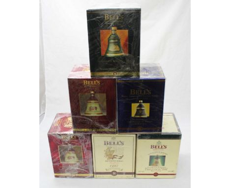 Six Commemorative Bells Extra Special Whisky decanters, each 70cl, Christmas 1995, 1996 x2, 1997, 1998 and a Prince of Wales 