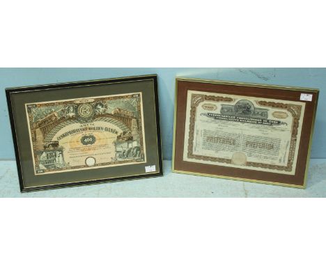 A framed 'Consolidated Railroads of Cuba' bond together with a framed 'Ceskomoravská Kolben-Danek' share bond.