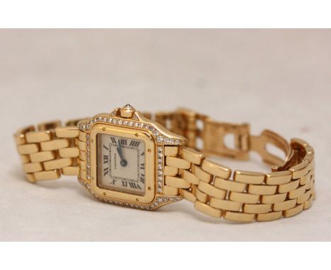 A ladies 18ct yellow gold quartz Panthère de Cartier wristwatch, reference '128 000 M,' The square white dial with Roman nume