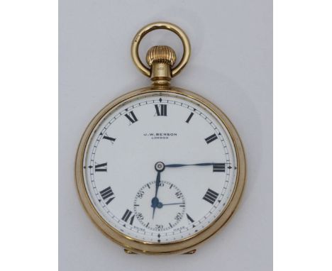 A 9ct gold open-faced pocket watch by J.W.Benson, the white enamel dial with Roman numerals denoting hours and subsidiary sec