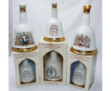Six Bells Scotch Whisky Royal commemorative decanters by Wade, comprising 3 x 75cl Charles & Diana, Andrew & Sarah and HM ER 